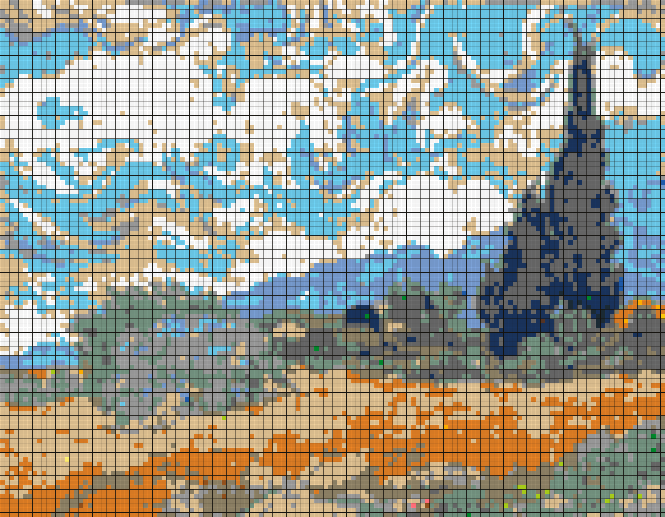 LEGO tile mosaic of A Wheatfield with Cypresses by Vincent van Gogh